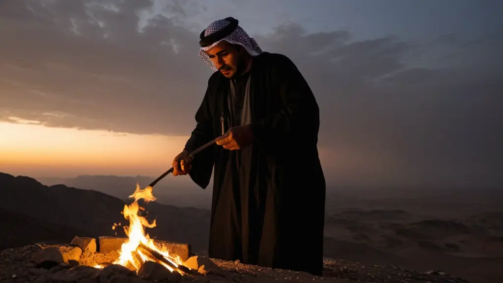 رجل بدوي سعودي يشب النار في اعلى الجبل مع غروب الشمس والليل ممطر