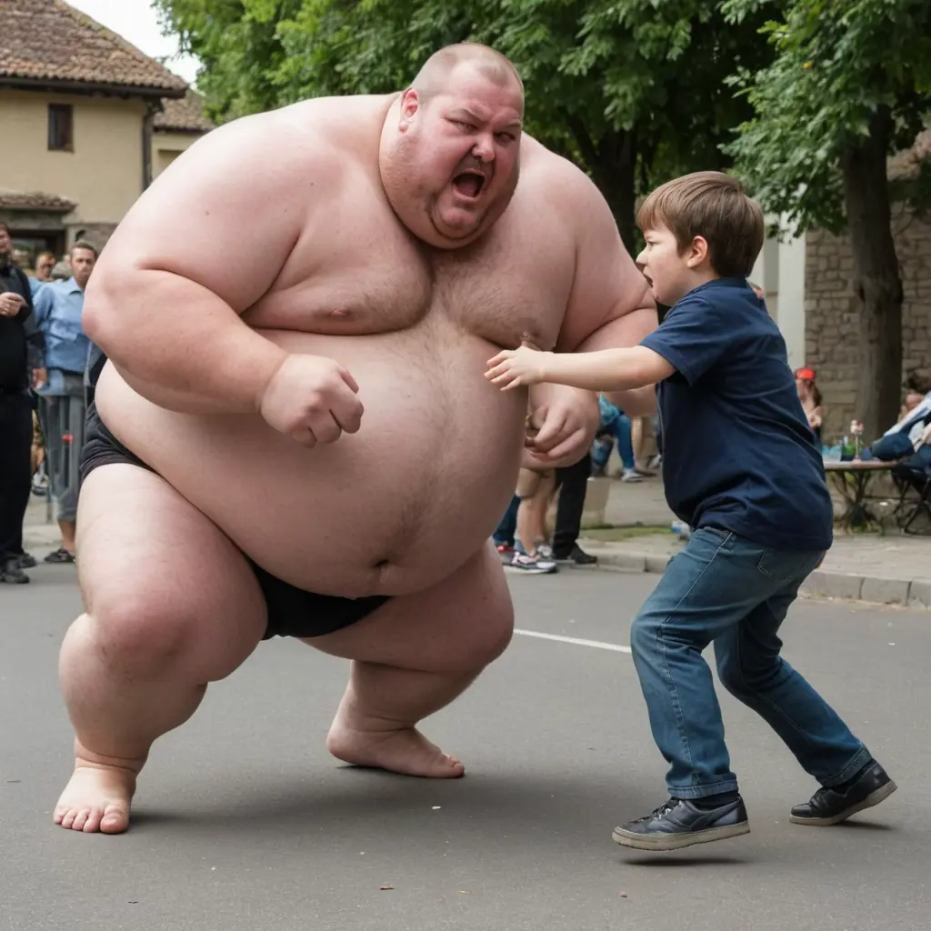 رجل سمين جدا يتهجم على ولد صغير