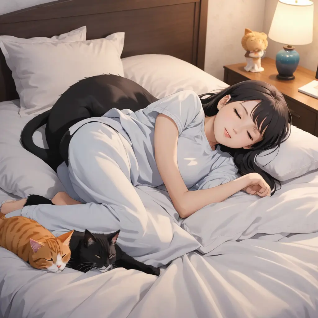 فتاه انمي تنام على السرير بجانب قطتها