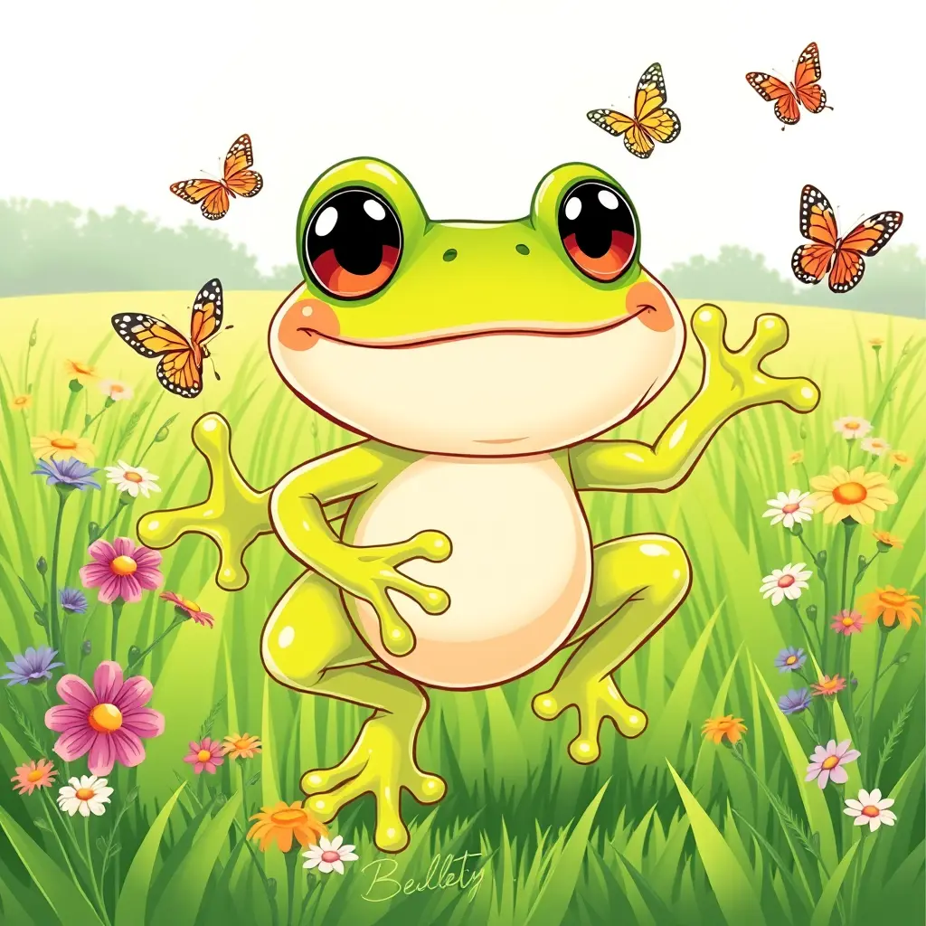 ضفدع كرتوني يقفز في مرج أخضر غنّاء في يوم مشمس، محاطًا بأزهار برية وفراشات ملونة. الضفدع مرح ومُجسّد بعيونه الكبيرة المعبرة، وابتسامته العريضة، وبشرته المنقوشة. رُسم بأسلوب الرسوم المتحركة الكلاسيكية، نابضًا بالحياة ومليئًا بالخيال.