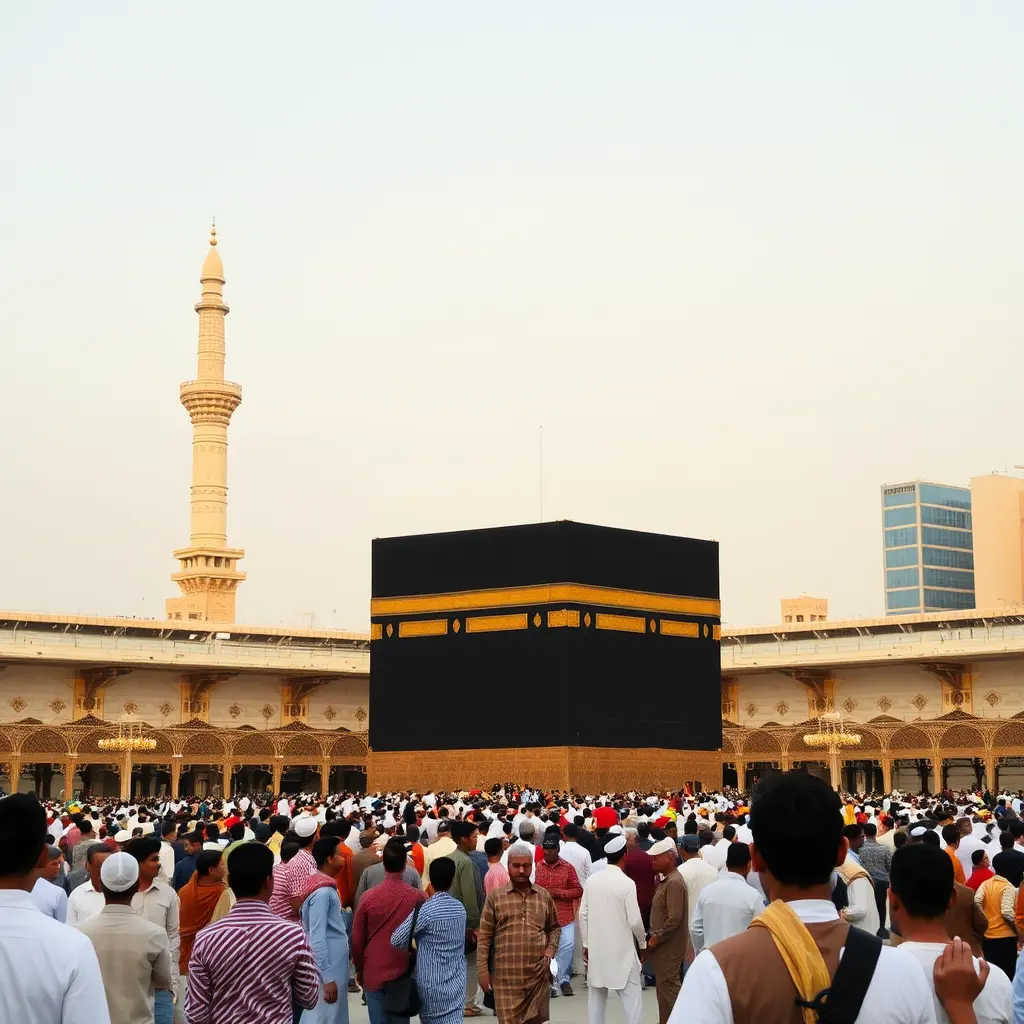 خلفية الكعبة المشرفة وامامها ناس