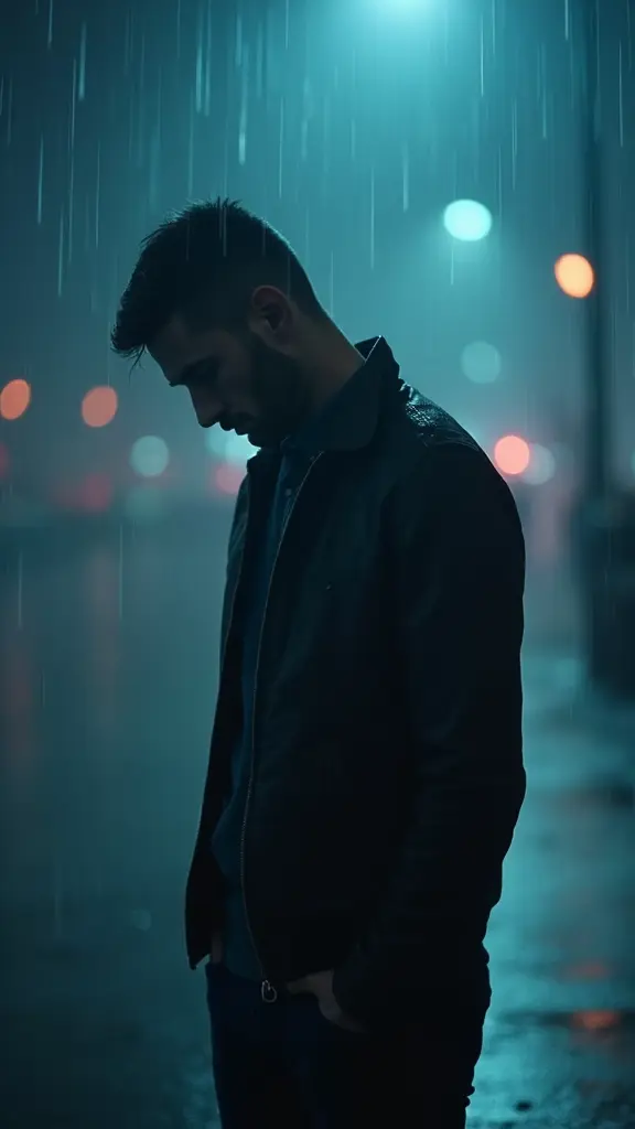رجل واقف وحيد تحت المطر ينظر للأسفل بحزن، الإضاءة خافتة الجو كئيب الخلفية غير واضحة لتعكس الشعور بالخذلان والتجاهل مع ألوان باردة مثل الأزرق والرمادي