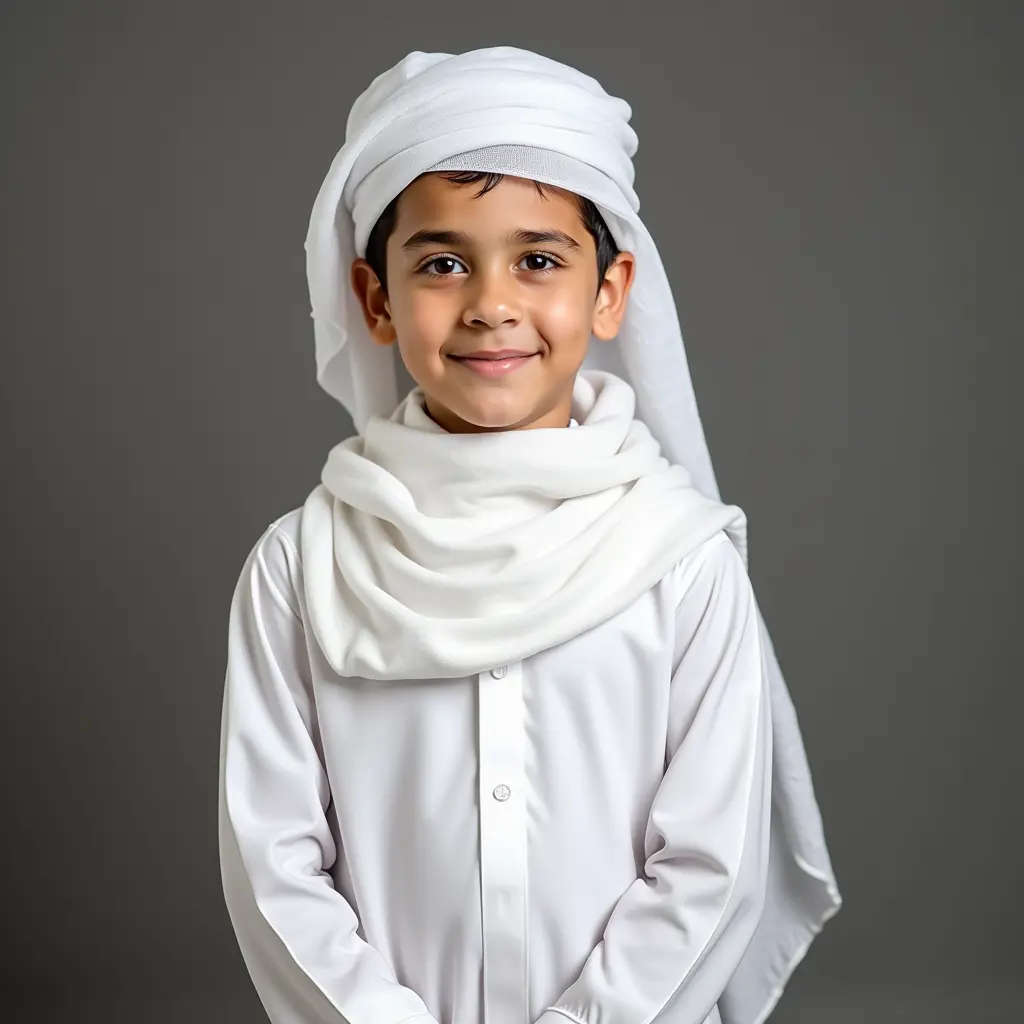 ولد لابس ثوب ابيض وشماغ ابيض مع بوشت