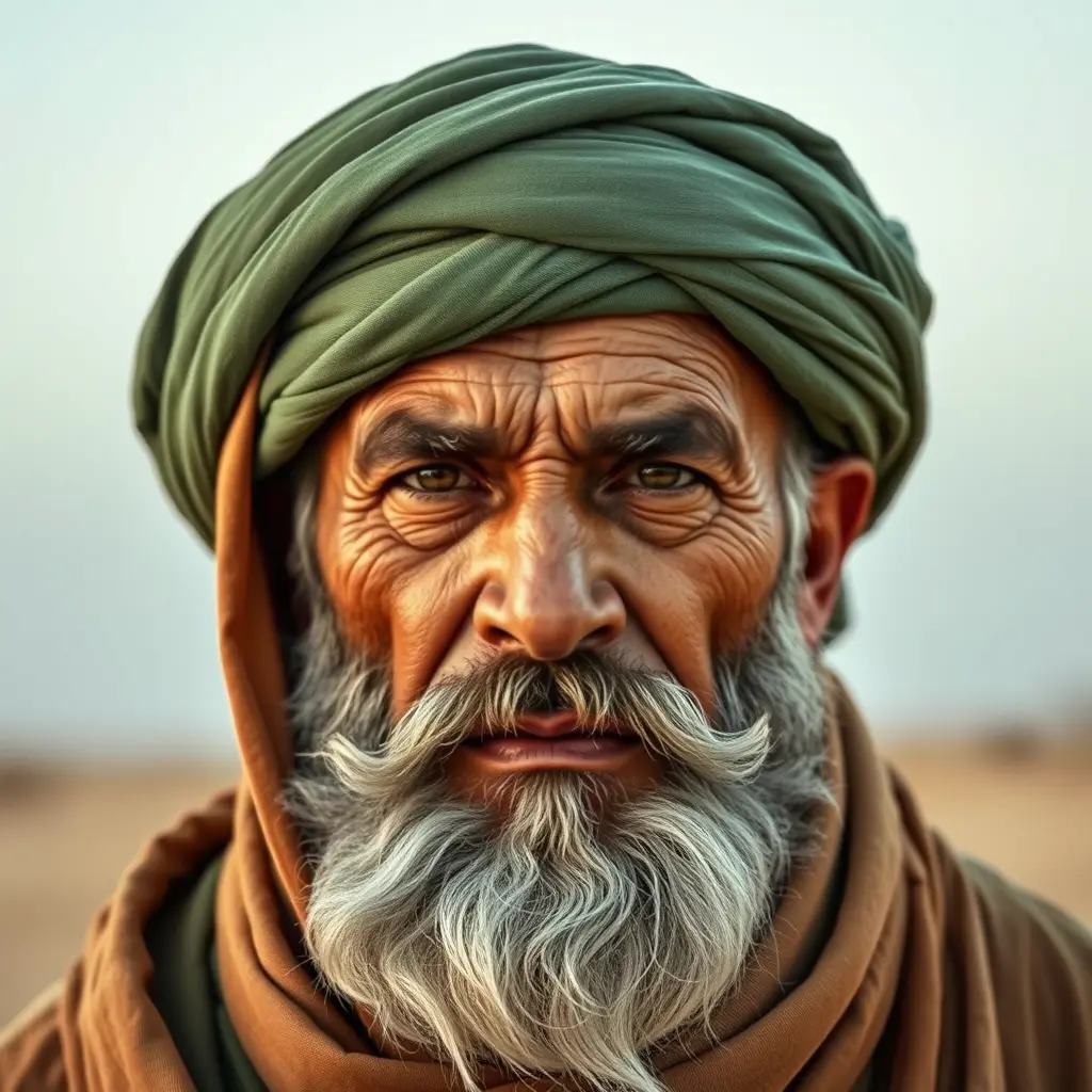 رجل يرتدي عمامه خضراء مسلم ذو ملامح قويه وحميله في الصحراء