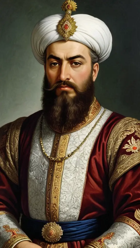 تخيل السُلطان محمد الفاتح مربوع القامة، وعريض المنكبين. جسده من الخصر إلى الأعلى طويل بِعكس النصف الأسفل من جسده؛ شأنه شأن السُلطان عُثمان الأوَّل، ووجهه أبيض مُحمرّ، وحاجباه مُقوَّسان، وشعره أجعد، ولحيته سوداء، ورقبته غليظة وقصيرة، وأنفه رفيع وطويل مُقدِّمته تتجه نحو الأسفل مثل منقار العُقاب.