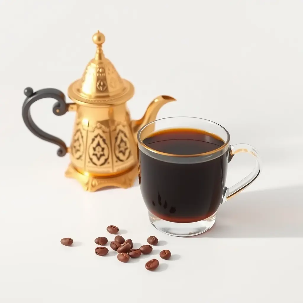 فنجان قهوة مُنقع بحبوب البن الحرازي اليمني، موضوع بأناقة على خلفية بيضاء بسيطة. بجانبه إبريق قهوة عربي مزخرف، سطحه يلمع كالذهب تحت إضاءة هادئة وهادئة. البيئة بسيطة، تُبرز تفاصيل القهوة والإبريق بدقة. هذه الصورة، المُقدمة بدقة 8K عالية، بظلال واقعية وتركيز واضح، تُجسد جوهر ثقافة القهوة اليمنية التقليدية بأسلوب ثلاثي الأبعاد احترافي.
