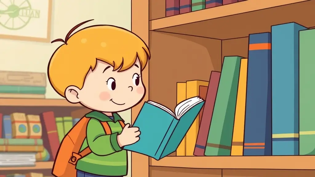 صورة كرتونية، الطفل يضع الكتاب في مكانه الخاص، في مكتبة الكتب استعدادًا للرحلة التالية.
