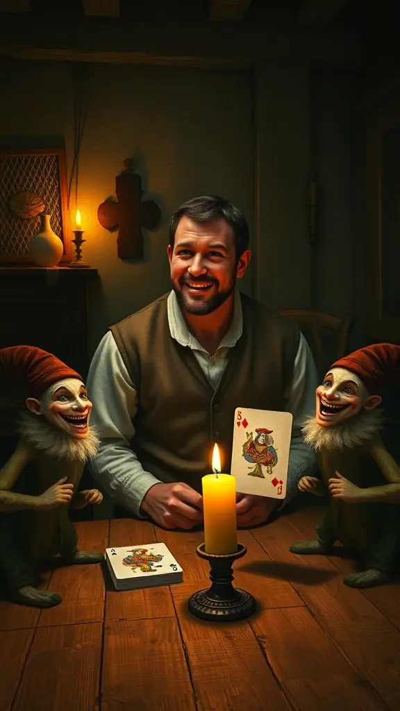 رجل فلاح يرتدي ملابس بسيطة من القرن السابع عشر، محاط بثلاث أوراق لعب تبدو وكأنها تضحك عليه. المشهد غرفة قديمة ذات إضاءة خافتة وطاولة خشبية، حيث تتراقص الظلال على الجدران، وشمعة متوهجة تُلقي بوهج ذهبي دافئ. أوراق اللعب، التي تُصوَّر على أنها مهرجون بلاط فاتنات ومشاكسات، مُفعَمة بتعبيرات وجه رقيقة، وعيونها مفتوحة على مصراعيها من المرح. يتميز المشهد بأجواء خيالية وغريبة بعض الشيء، تُستحضر عالمًا خياليًا للوحة رقمية على الطراز الباروكي.