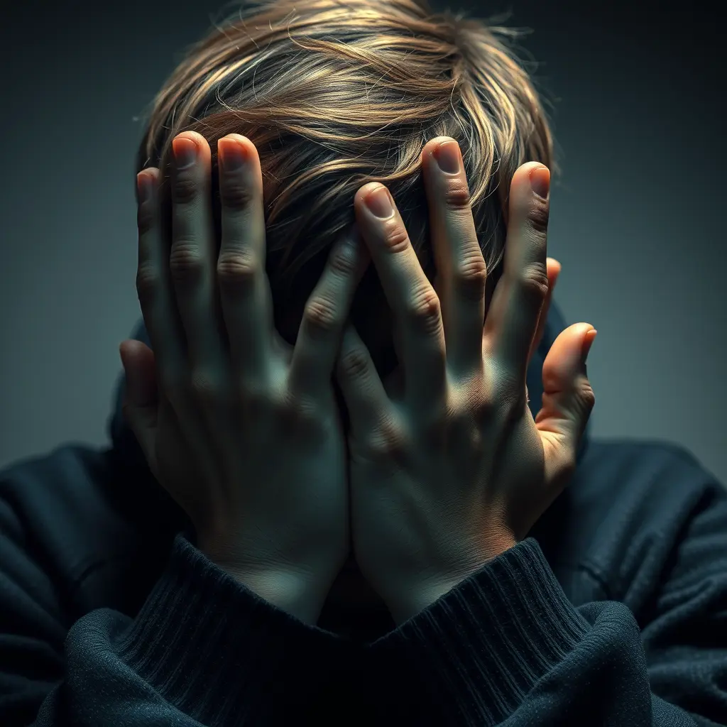 صورة واقعية سينمائية بعيدة بدقة عالية لمراهق يخبئ وجهه وهو مكتئب وانتبه على عدد الاصابع  