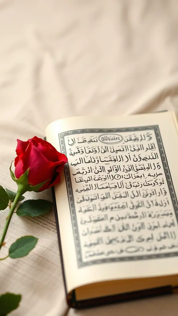 صورة للقرآن الكريم بجانبه وردة