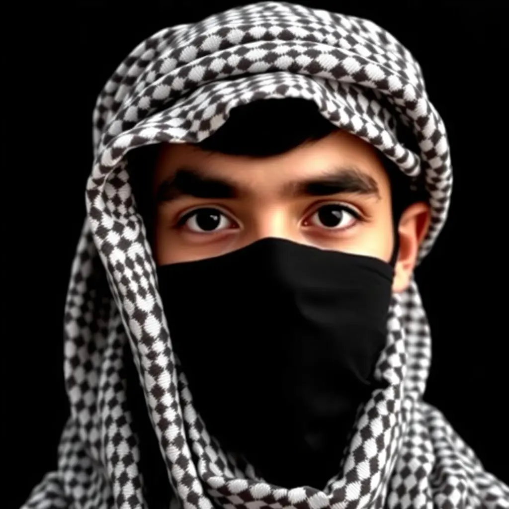 شاب يلبس كوفية وخلفية الصورة سوداء عدم دهور الوجه