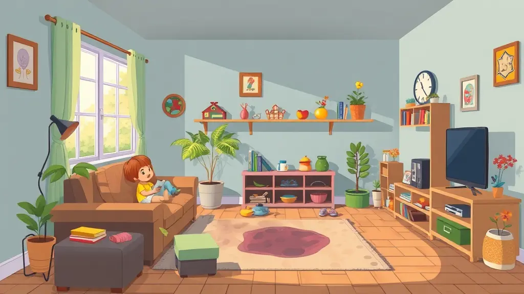 صورة ل غرفة جلوس كرتون رسومية للأطفال غير مرتبة وغير نظيفة