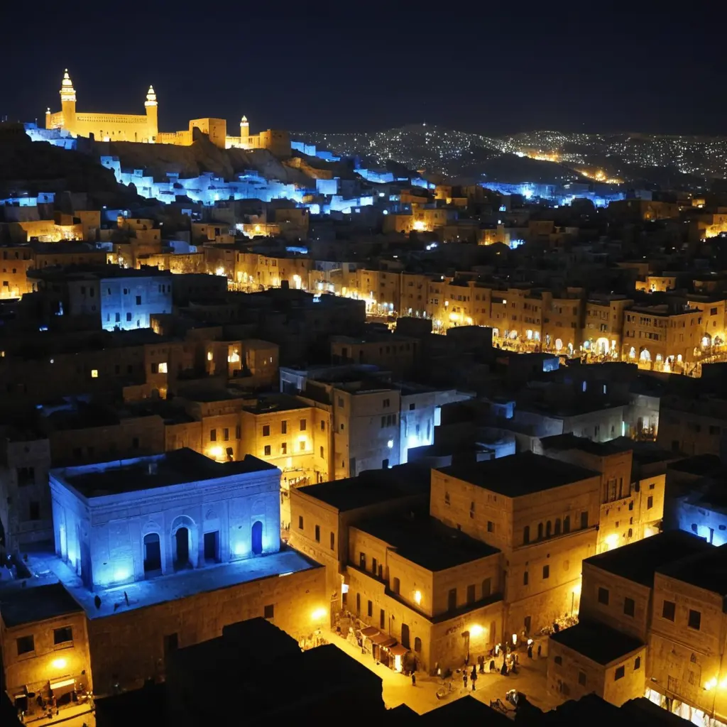 صور مدينه صنعاء القديمه ويضهر بيوت صنعاء القديمه التراثيه القديمه الفنيه المعمارية الحضاريه ليل ويوجد في اشارع اضائه وأشجار ويوجد عرض جدار احد المباني صرافه الي حديث وعليها اضائه زرقاء