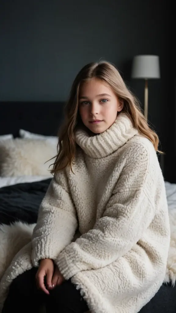 very beautiful swedish 13yo girl wearing a soft fluffy mohair turtleneck sweater holding a big fluffy sheepskin rug in a dark bedroom