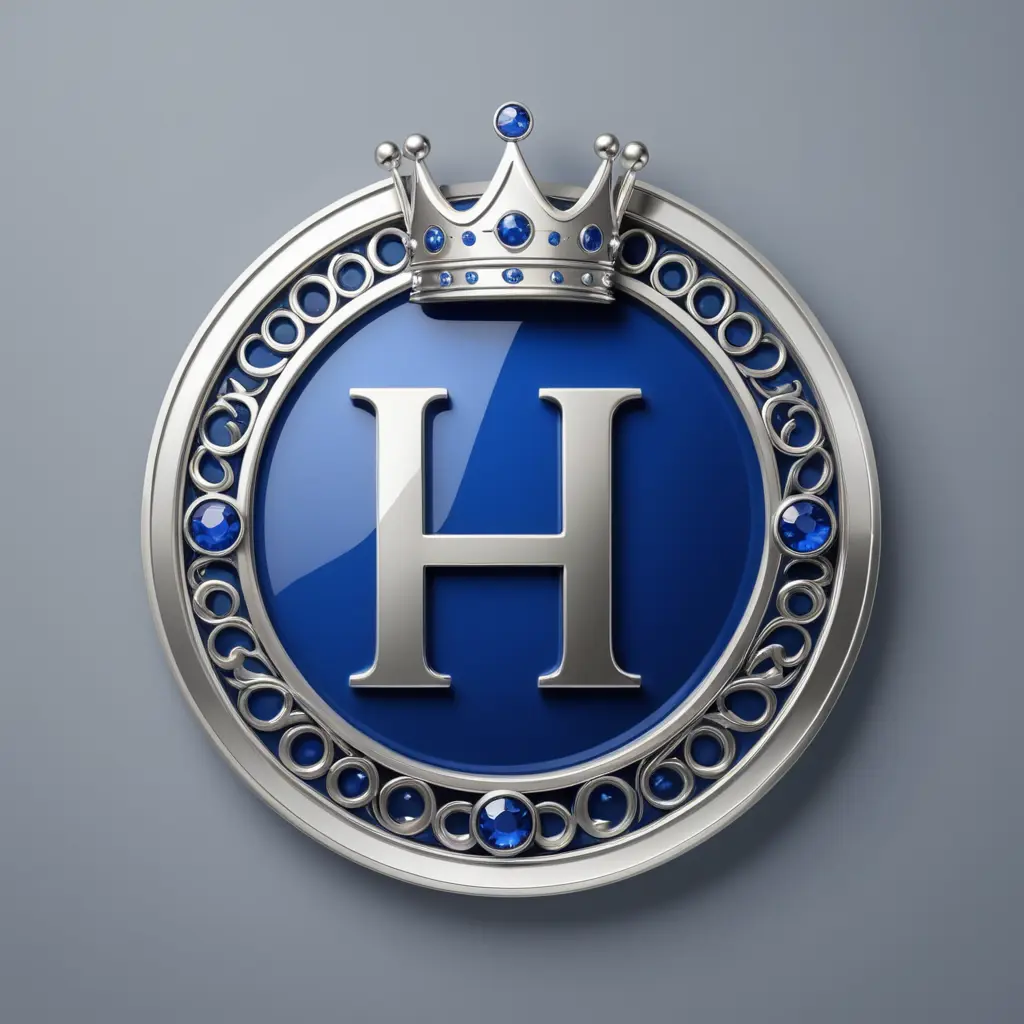 شعار شركة مكياج حرف H دائري منمق تاج مصنوع من الفضة والازرق الياقوتي أنيق عصري
