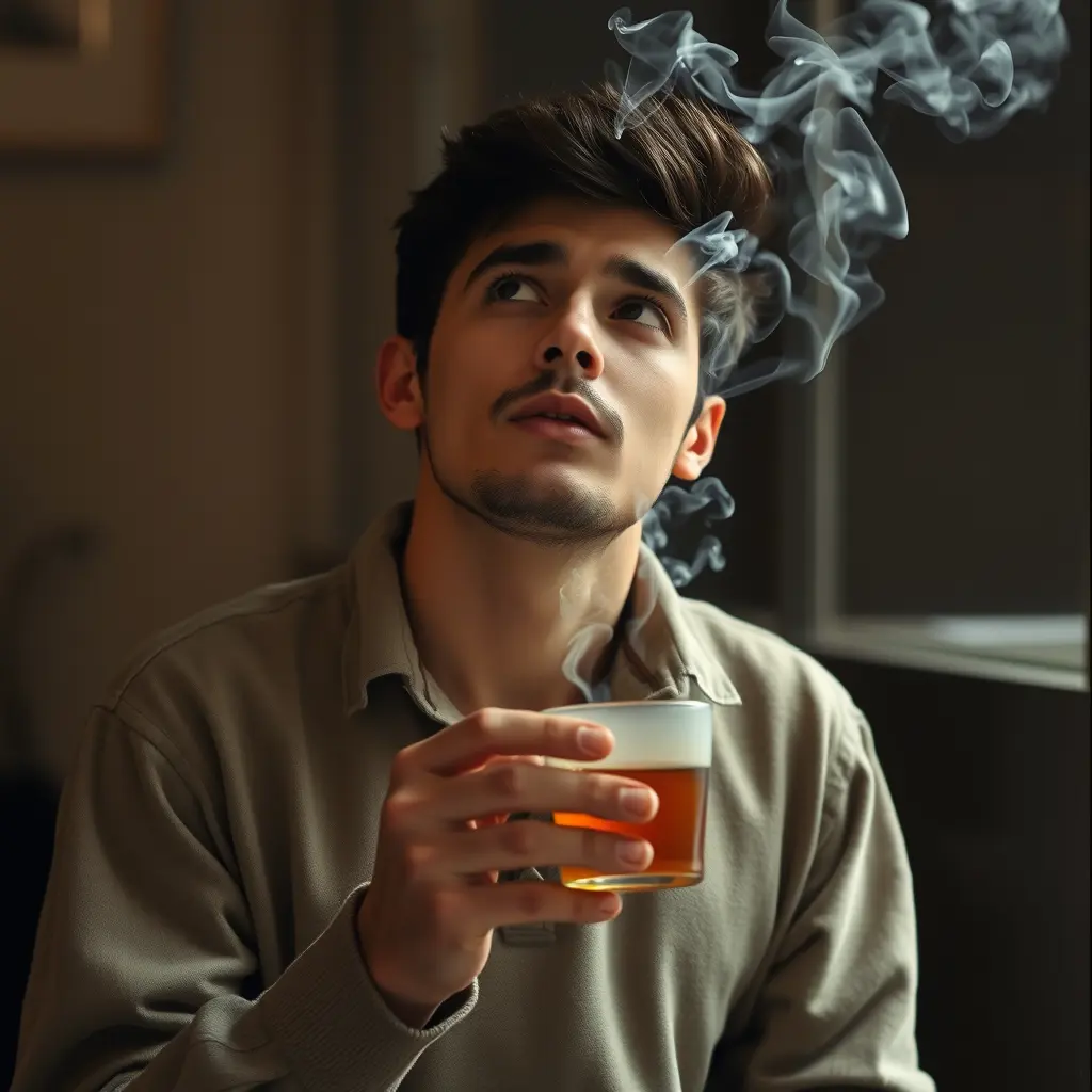 شاب يدخن وبيده كوب شاي يحدق به والدخان ينثر خيط للاعلى