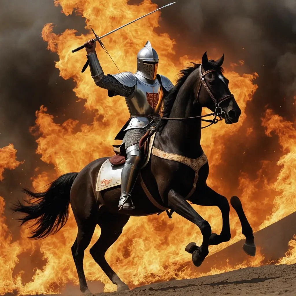 صمم لي صوره فارس يرمي بالسهام وعليه درع ومكتوب فوق الدرع رعد الجريوي في لهب وعلئ حصان ومعه سيف