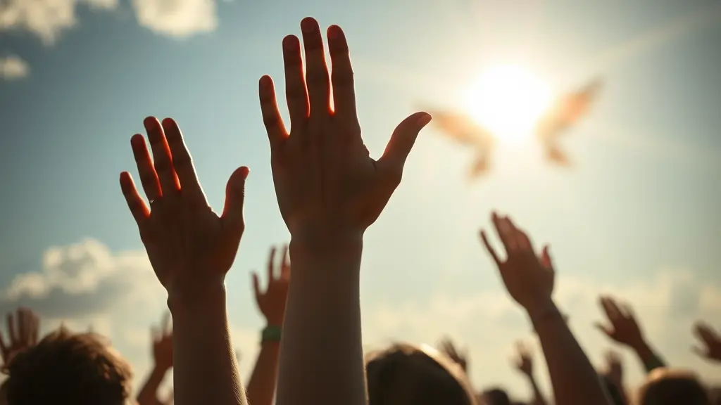 أيدي مرفوعة الى السماء تدعو الله بالمغفرة والرحمة في جو ملائكي