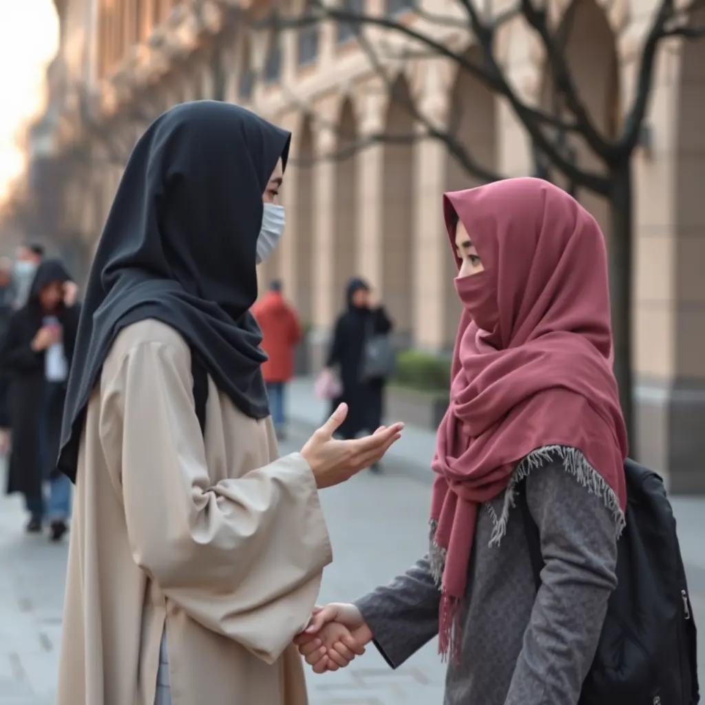 صمم صوره لفتاه محجبه جامعيه تسلم على جارتها المحجبه فى الشارع