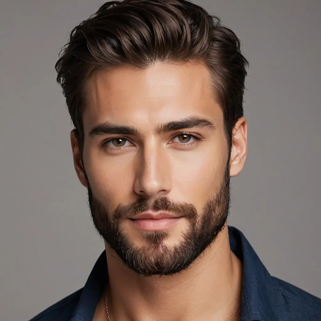 رجل وسيم وجميل جداً يتميز بملامح جذابة تثير الإعجاب. وجهه يضفي عليه الجاذبية، عظام الوجنتين بارزة والعيون مشعة وبراقة. له لحية كثيفة وطويلة، تعزز من وسامته وتعطيه مظهراً قوياً وجذاباً. بشرته ناعمة وصافية، وشعره منسق بعناية، مما يبرز جماله بشكل مثير.