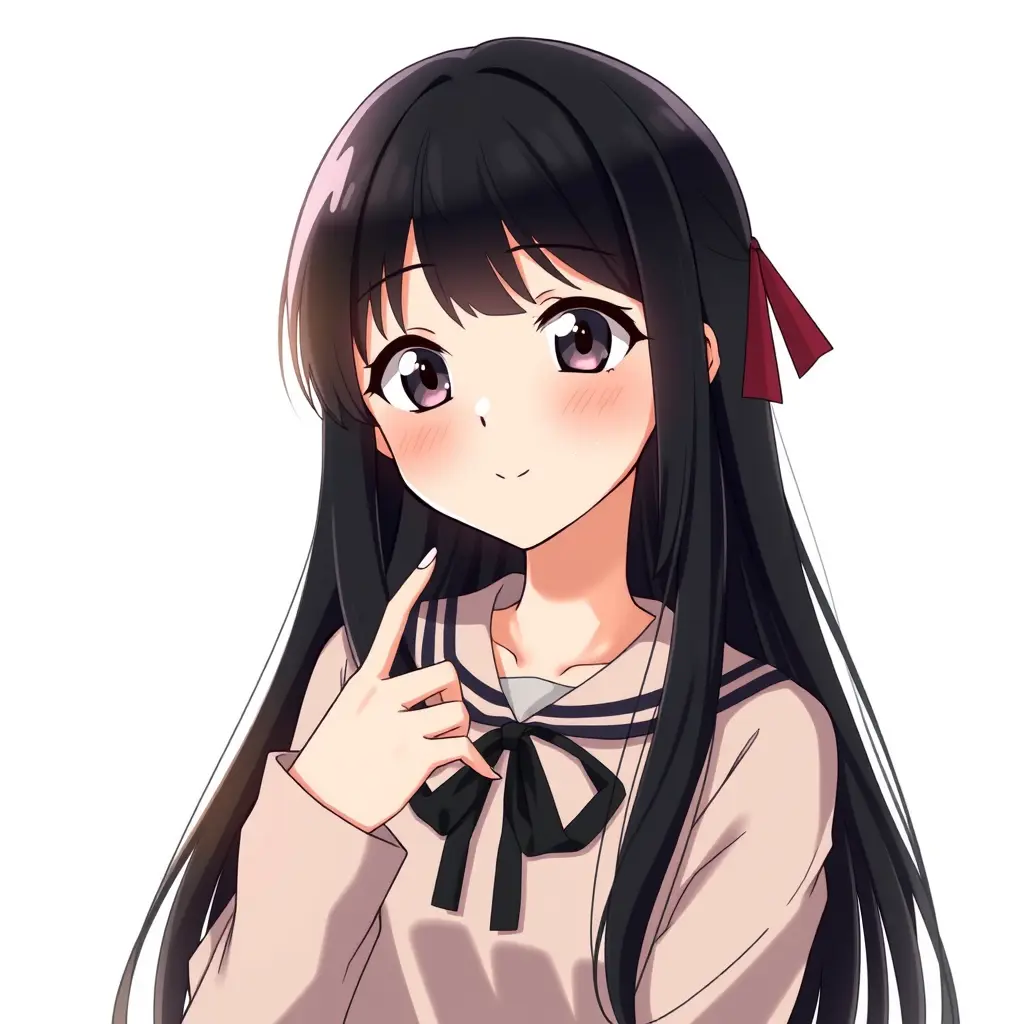 شخصية انثى انمي جميلة وحنونة كيوت عيناها سوداء ذات شعر طويل اسود