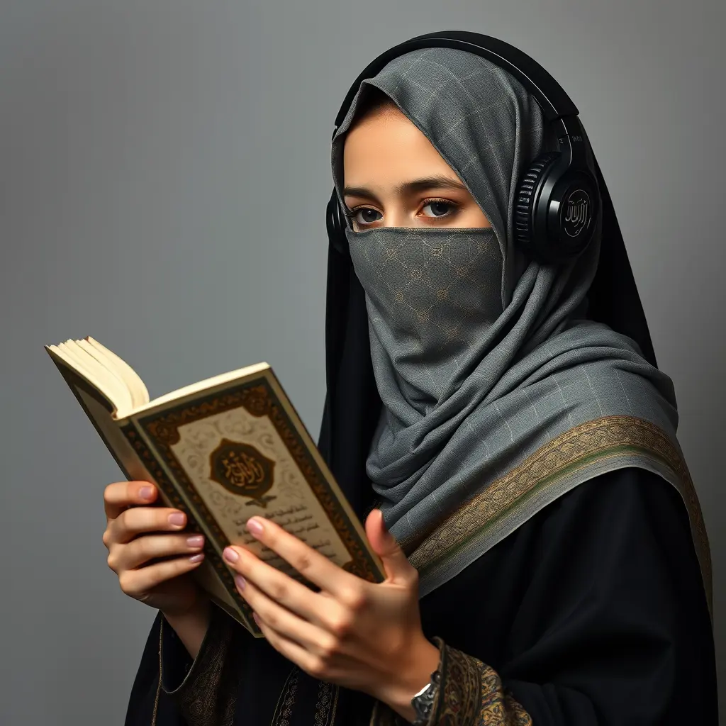 طفله محجبه ماسكه مصحف ولابسه هيدفون