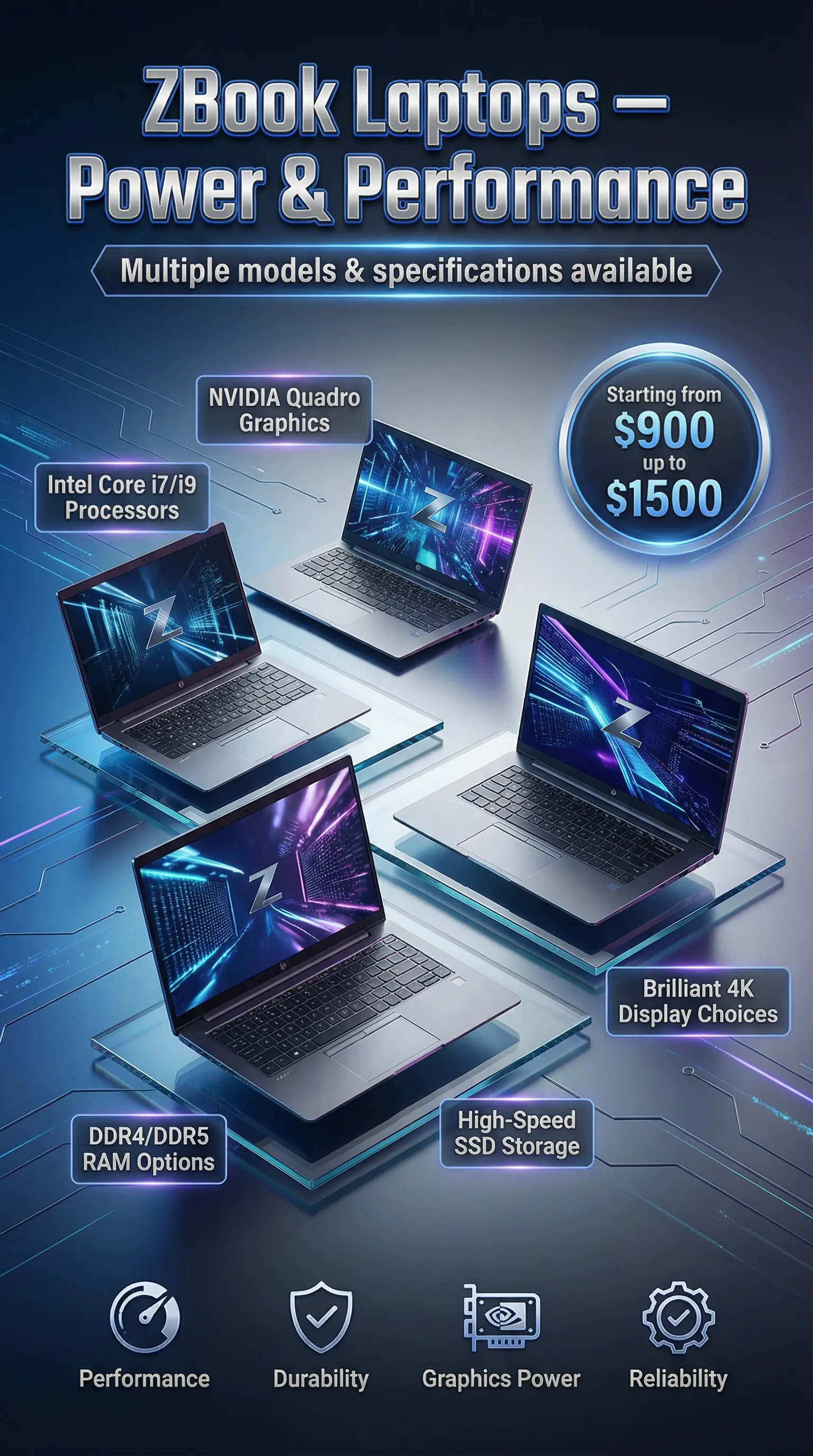 "Premium ZBook Laptop Sale Poster — modern tech retail style, clean professional layout, dark silver and electric-blue color theme, glowing highlights.
Showcase multiple HP ZBook models in different sizes (14, 15.6, 17 inch) arranged elegantly with soft shadows and floating reflections.
Feature key specifications: Intel Core i7/i9 processors, NVIDIA Quadro graphics, DDR4/DDR5 RAM, SSD options, 4K display choices.
Include bold headline: ZBook Laptops — Power & Performance.
Add sub-text banner: Multiple models & specifications available.
Add price range badge: Starting from $900 up to $1500.
Place icons for performance, durability, graphics power, and reliability.
Background: sleek futuristic gradient with subtle lines and digital patterns.
Style: high-end commercial poster, sharp typography, crisp lighting, ultra HD, 3D depth, professional marketing aesthetic."