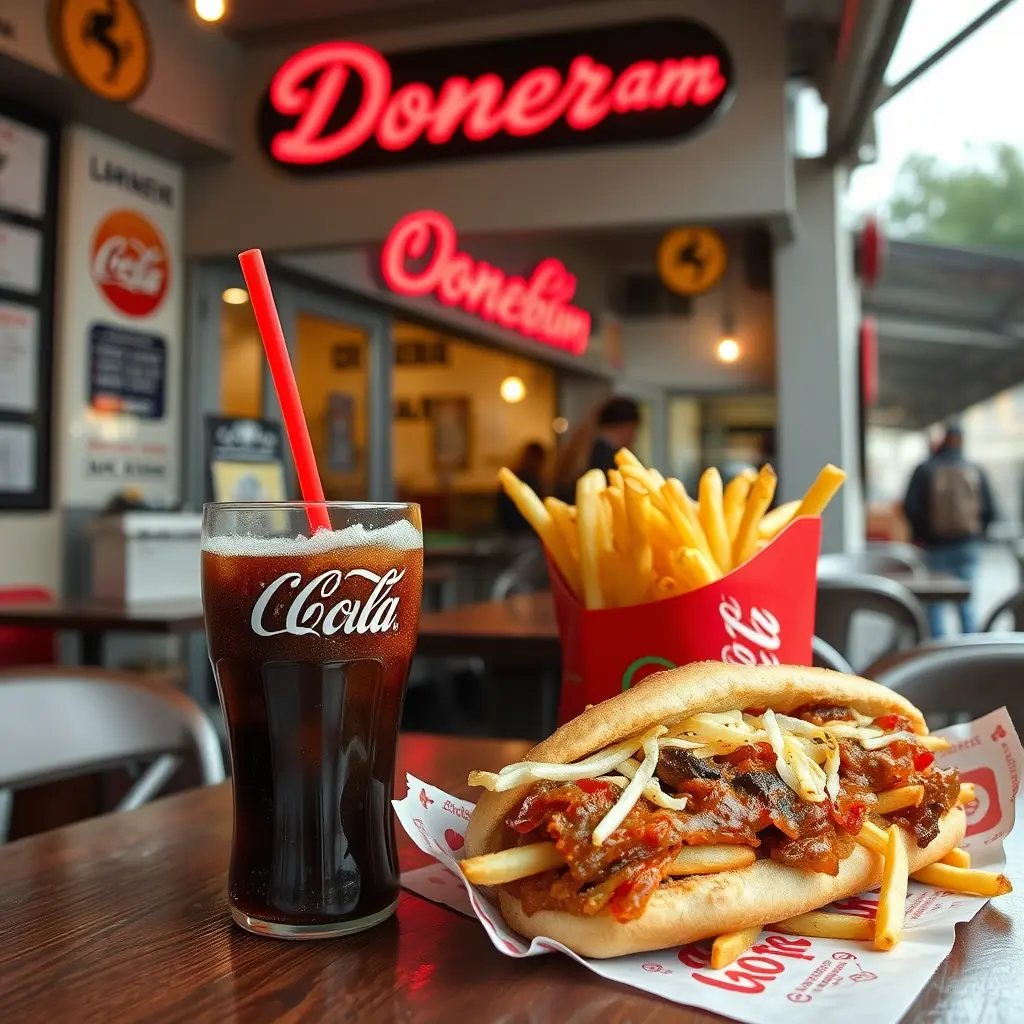 اريد صورة دونر مع بطاطس مقلية مع كوكاكولا مع إضافة اسم المطعم Döner am Lerchenberg 
