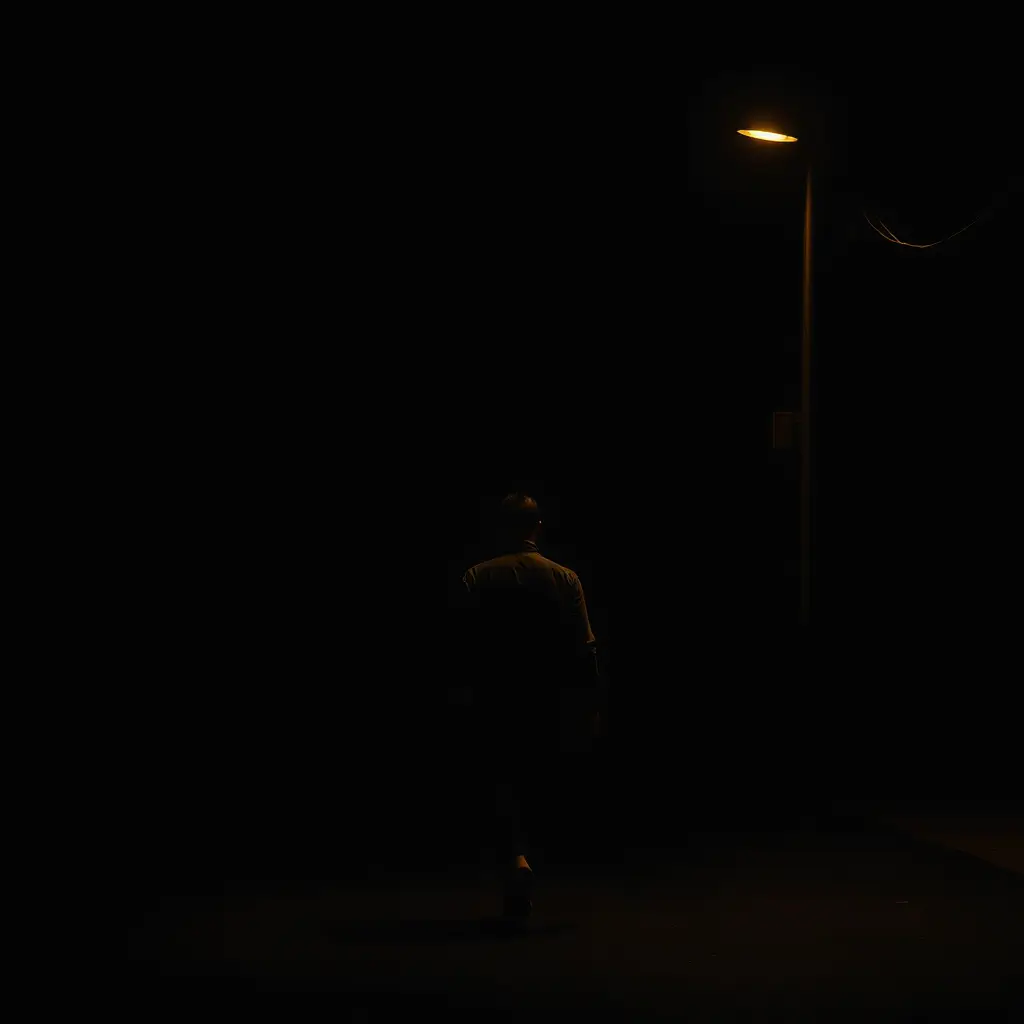 شخص ماشي في الظلام وخلفه ظل مرعب اسود في شترع مظلم