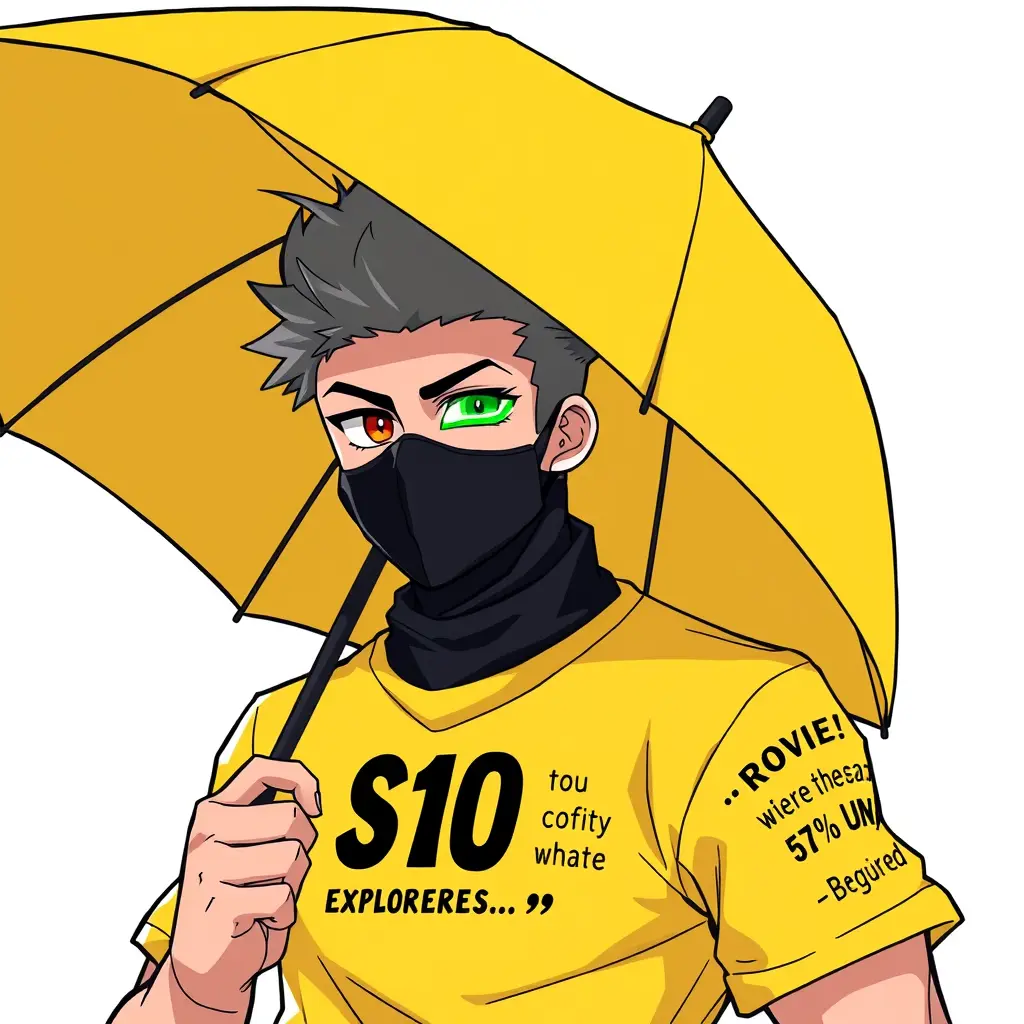 صورة على طريقة الانمي لشخص يرتدي قميص أصفر مقتبوب عليه بالاسود s10 مع ماسك على الوجه اسود عليه خط في مكان العينين بلون اخضر مع مضلة مستكشفين و أريد الشخصية مفتولة العضلات