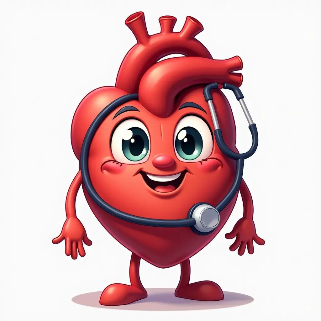 قلب كرتوني له عينان ويدان ويلبس سماعه طبيه