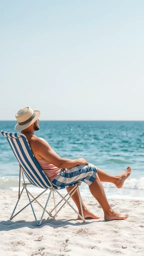 رجل مستمتع على الشاطئ باجواء صيفية جالس على كرسي يرتدي ملابس صفية وقبعه امامة البحر