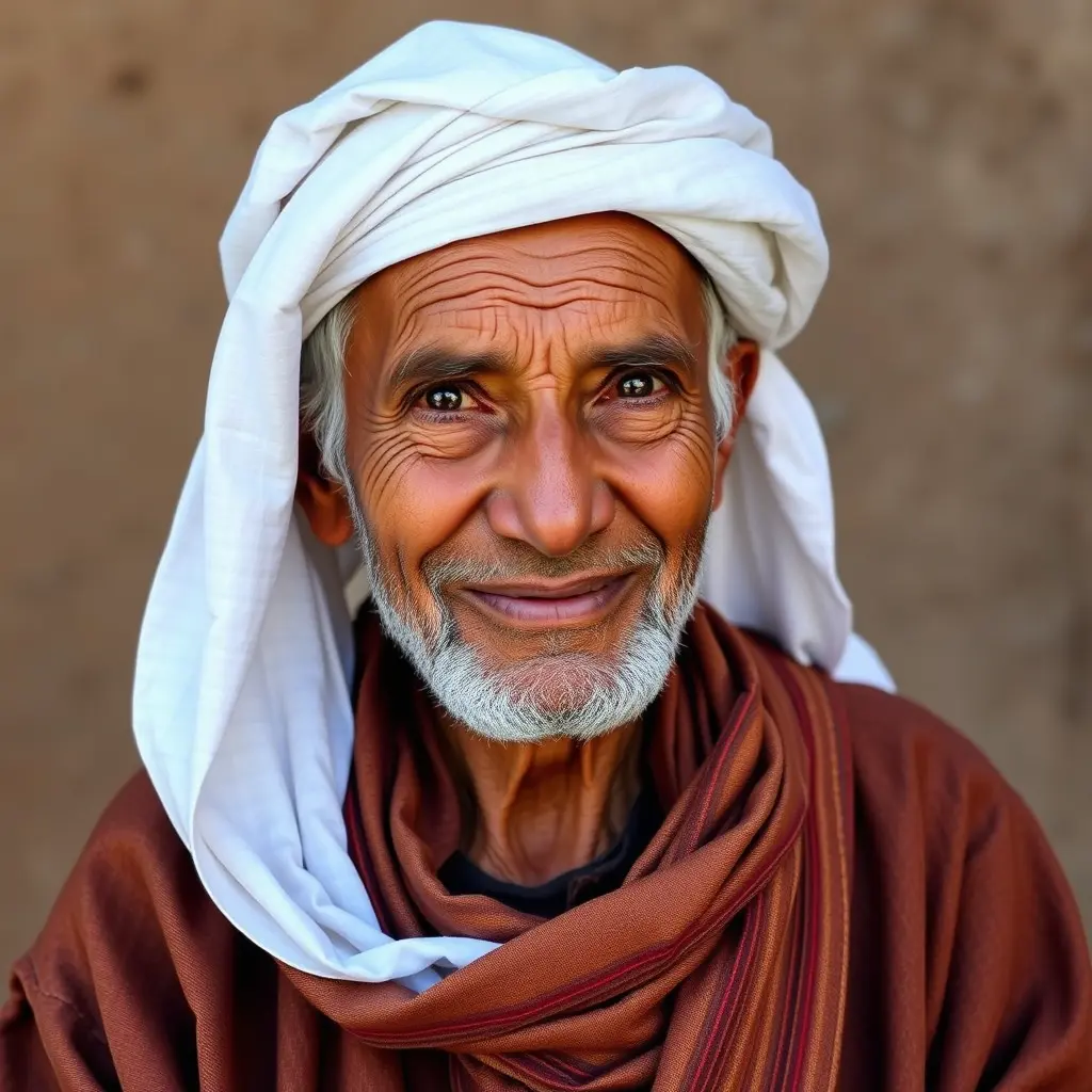 رجل صعيدي في السبعينيات من عمرة دائري الوجة بسيط الملامح و يرتدي لباس صعيدي تقليدي و فوق رأسة عمة صعيدية تظهر الابنتسامة على و جههة .