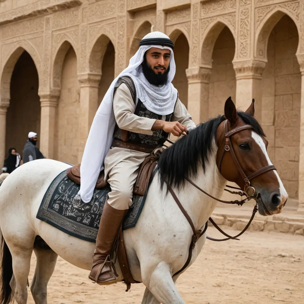 شخص يرتدي ملابس من زمن النبي محمد و يرتدي خوذة حرب راكب حصان