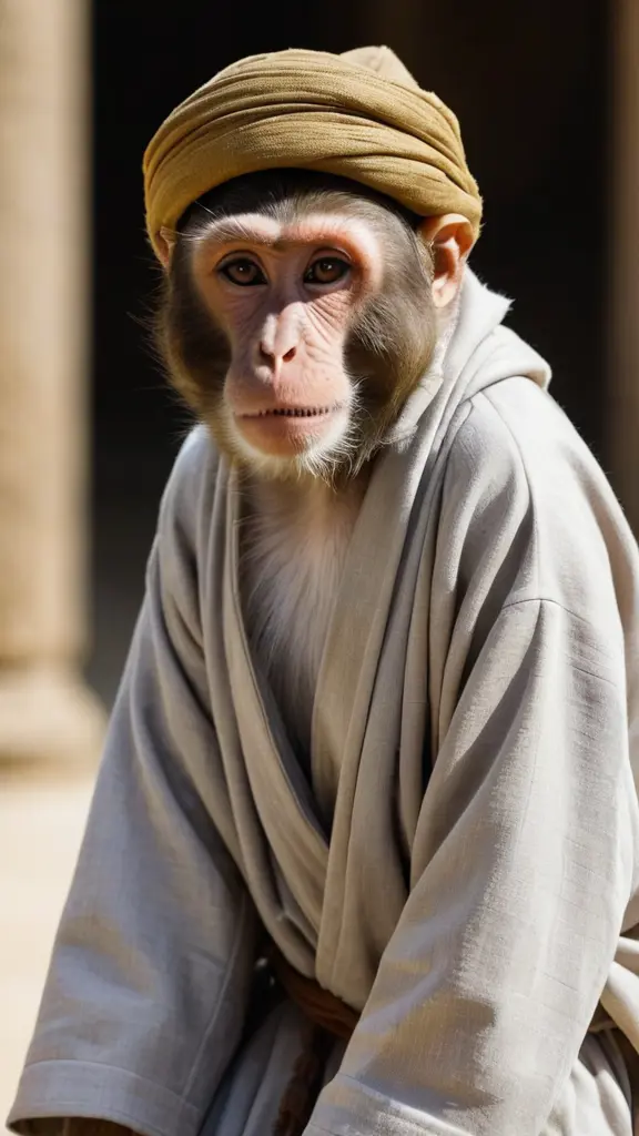 قرد يرتدي جبة وعمامة اسلامية