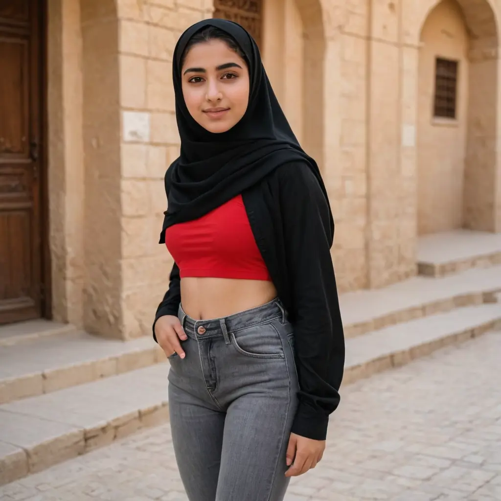 بنت أردنيه عمرها 17 لابسه حجاب لون لسود و لابسه قميصين لون اسود و قميص لون احمر و بنطلون جينز لون رمادي و لون بشرتها حطني يكون بطنها مبين و السر