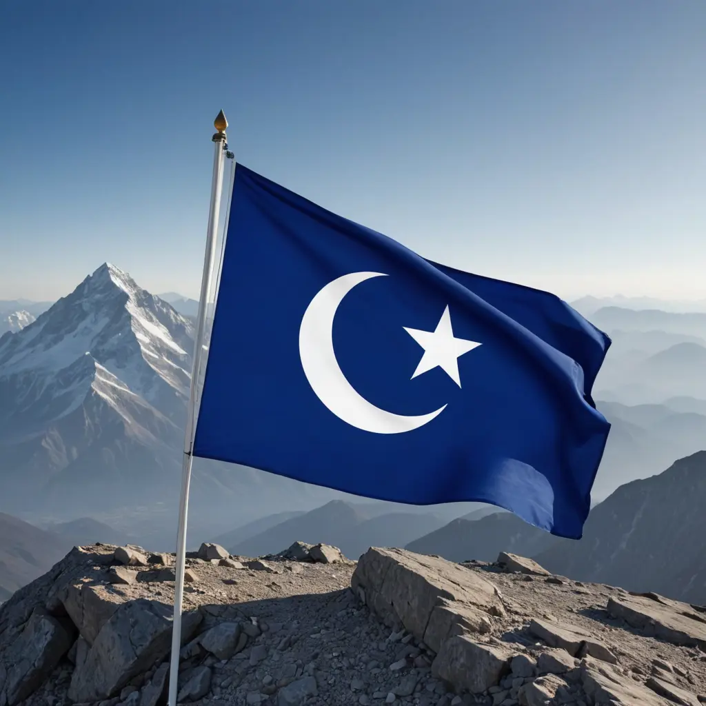 علم أزرق بارد يحتوي على هلال و نجمة بيضاوان فوق جبل يحمله دو دقة عالية ويكون مثالي