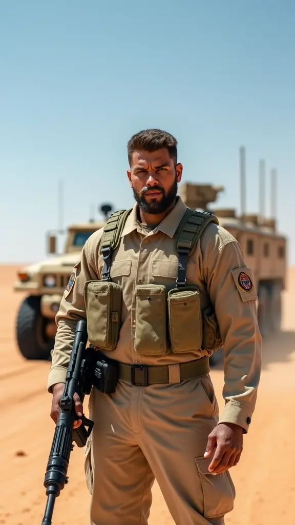 شاب ضخم البنية ذو لحية خفيفة يرتدي زي عسكري مموة يقف في مشهد صحراوي، ويحمل رشاشًا في يده اليمنى. ينظر مباشرة إلى الكاميرا بتعبير جاد. تظهر مركبة عسكرية في الخلفية. السماء صافية وزرقاء،