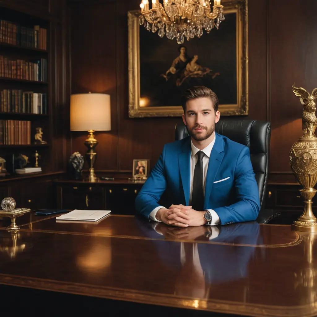 شاب يبلغ من العمر ٣٠ عام يجلس خلف مكتب فخم