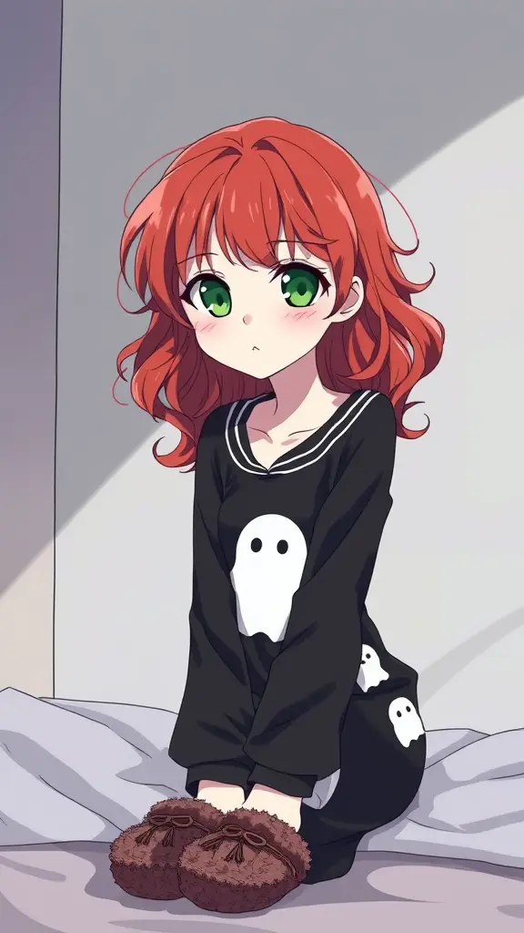 فتاة انمي مانجا شعرها احمر ويفي عيونها خضراء بشرتها بيضاء ترتدي بجامه سوداء عليها شبح و حذاء منزل و عمرها 16