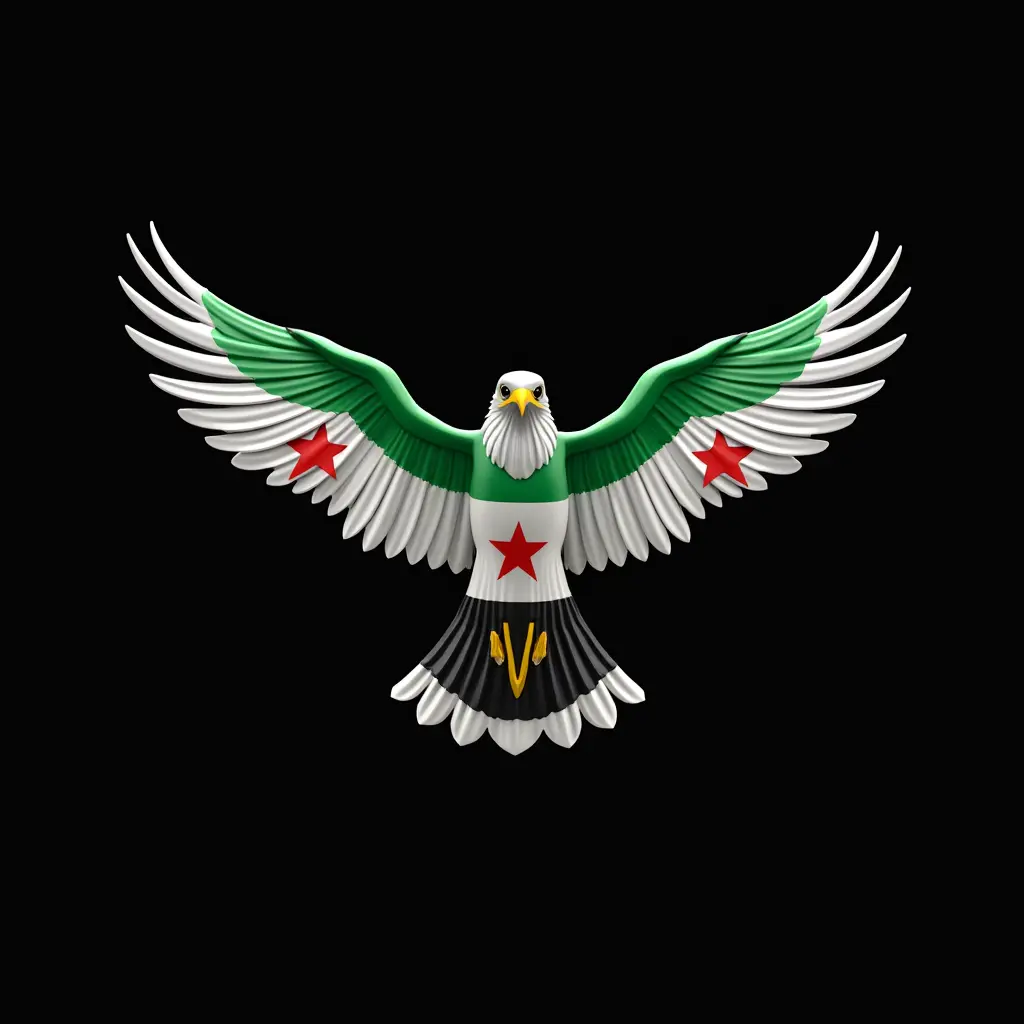 اصنع لي صورة طائر الشاهين المفترس مع علم الثورة السورية يبدو كشعار العلم اخضر ابيض اسود مع فقط ثلاثه نجمات باللون الاحمر بدقه عالية مدموج مع طائر الشاهين مفرود الاجنحه مع خلفيه سوداء بتقنيه 3D
