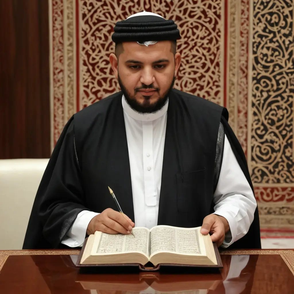 صورة السيد عبدالملك بدرالدين الحوثي وهو ينظر إلى القرآن الذي بيده بخلفية جميلة اليمني
