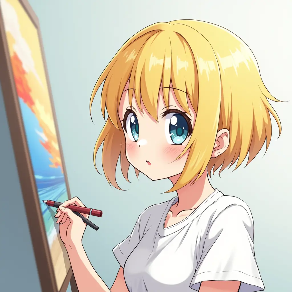 انمي بنت شعرها اصفر قصير وعيونها ازرق سماوي ترسم وترتدي ملابس بيضاء وعليها الوان وترسم لوحه