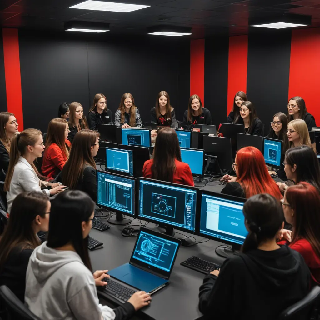 تجمع كبير بنات امن سيبراني في اجتماع وكل بنت امامه حاسوب وتكون صوره سوداويه وحمراء