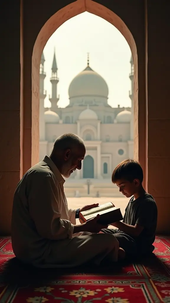 رجل عجوز يمسك المصحف الشريف وبجواره طفل يقرأ معه ويظهر من النافذة المسجد