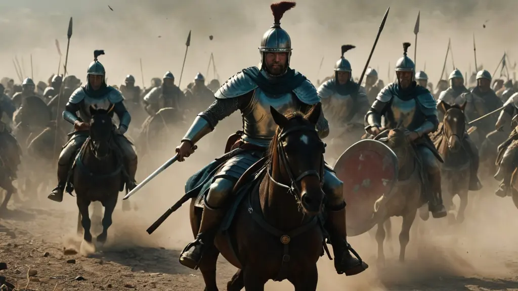 "Surprise attack on Theodore’s army, Muslim warriors charging through dust clouds, swords clashing with Roman shields, chaotic battlefield energy, cinematic realism"