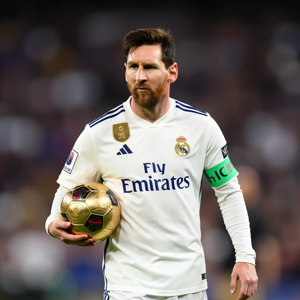 ميسي بلباس ريال مدريد يحمل الكرة الذهبية