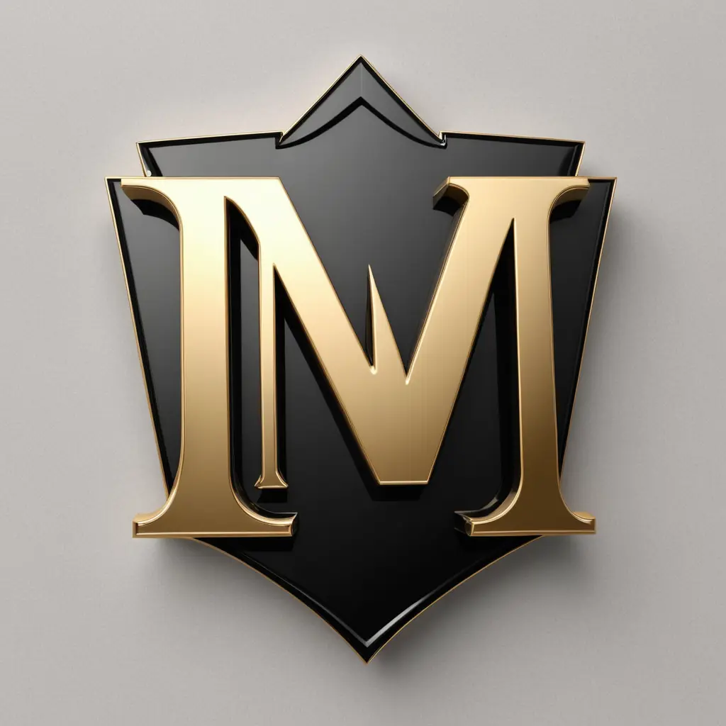 شعار ماركة أزياء بحرف M منمق، لامع، لامع، لامع، مصنوع بألوان الذهبي والأسود، حاد، عصري، فاخر