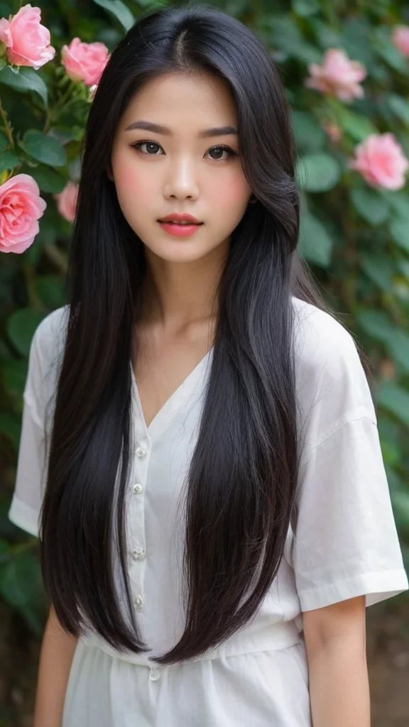 فتاة اسيويه جميلة ليست بيضاء ولا سمراء بل تتوسطهما ووجهها طويل طويلة شعرها اسود طويل حريري عيونها واسعه وسوداء وشفاتها مملوئه ورديه وخدها متورد اللون جميل