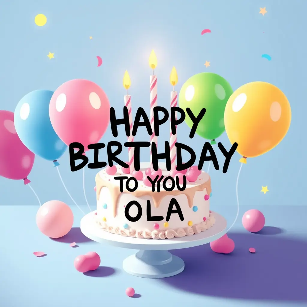 ممكن تنشأ لى صوره عيد ميلاد سعيد يا علا وعايز تورته وبلالين كثيره وتكتب HAPPY BIRTHDAY TO YOU OLA🍰💯🎊🎉